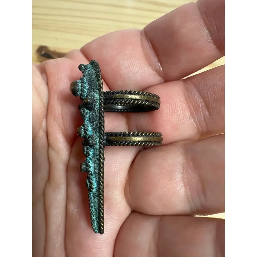 Vanessa Mooney Statement Ring Turquoise Verdigris Brass Studded Boho 2” Long